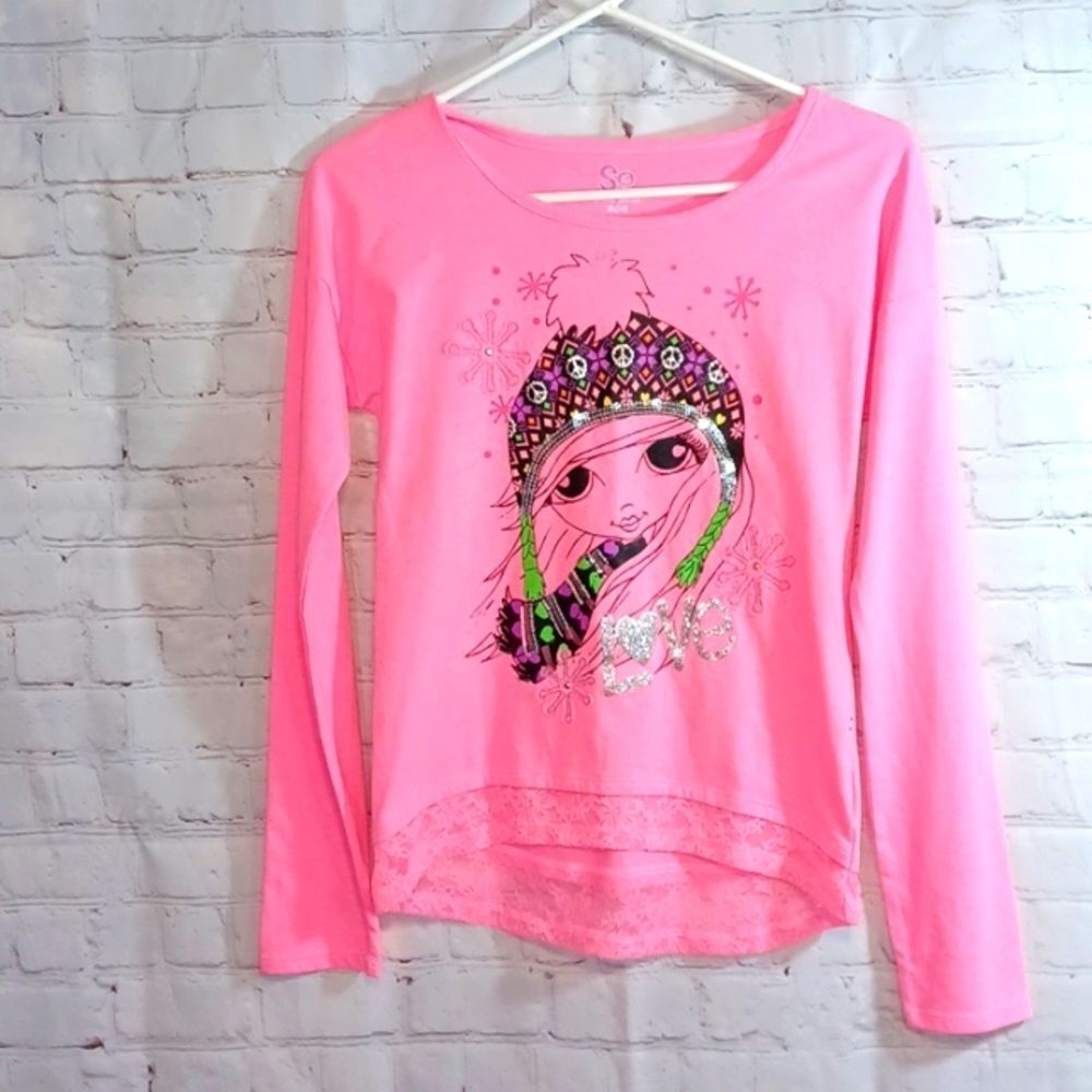 So Girls Pink Sparkle Cotton Long Sleeve Top XL New